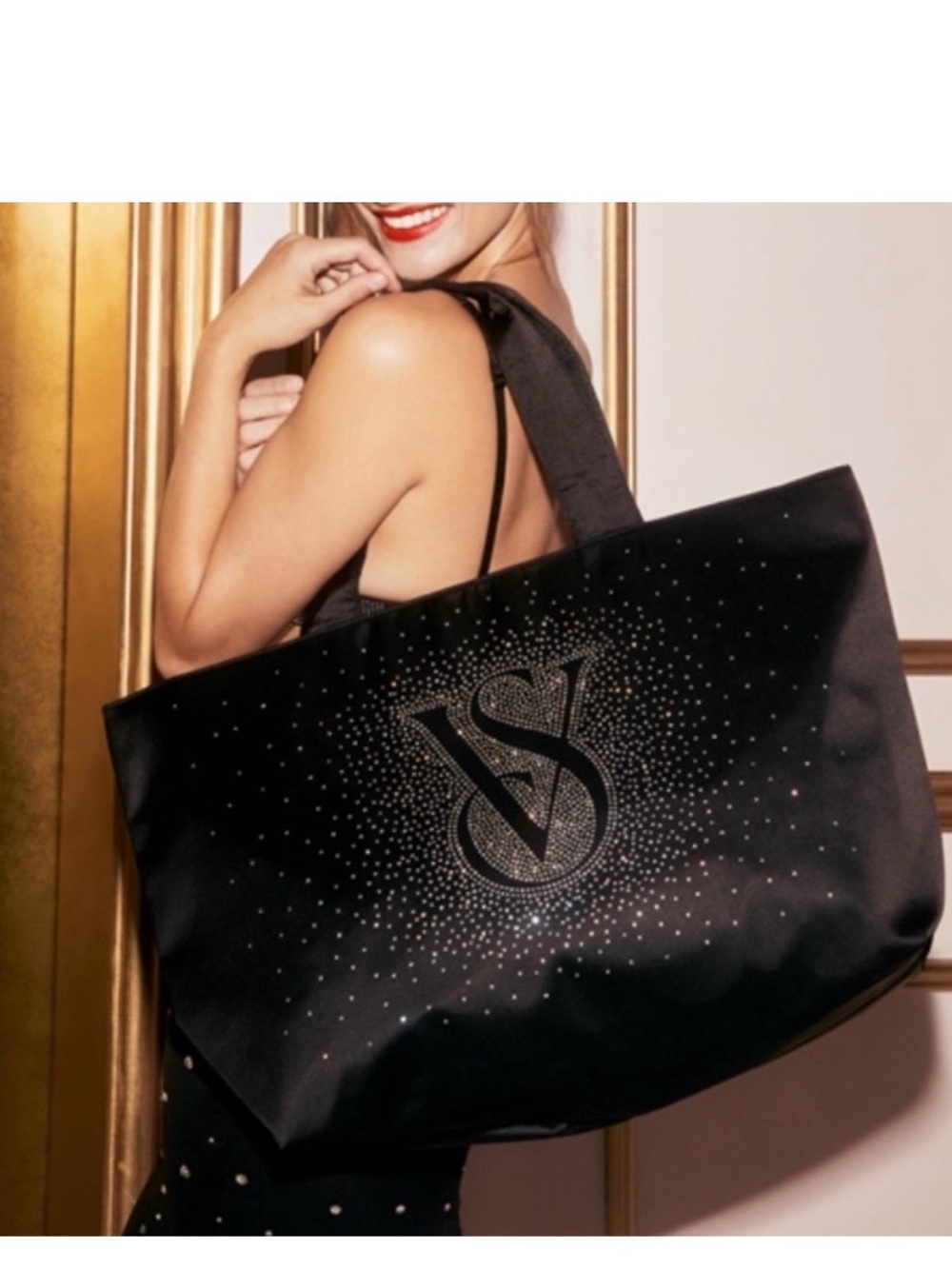Victoria's Secret Black Satin Tote with Crystal Logo New
